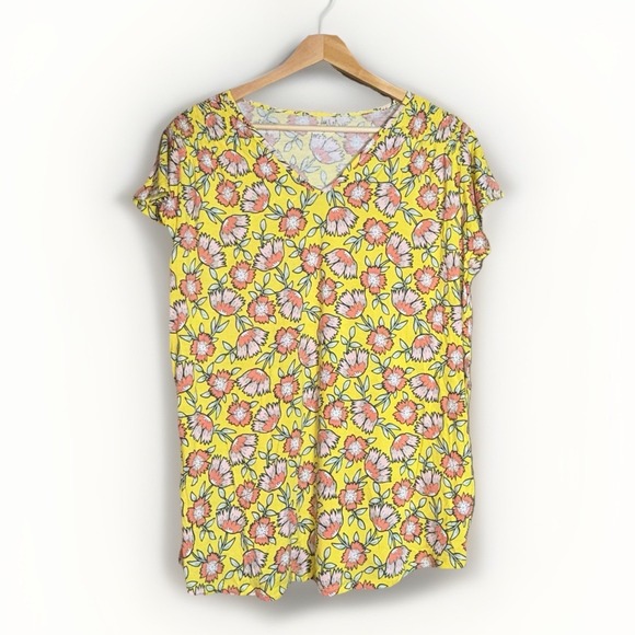 Lands' End Tops - Land's End Women's Yellow Floral Rayon Short Sleeve V-Neck Casual Blouse Size L